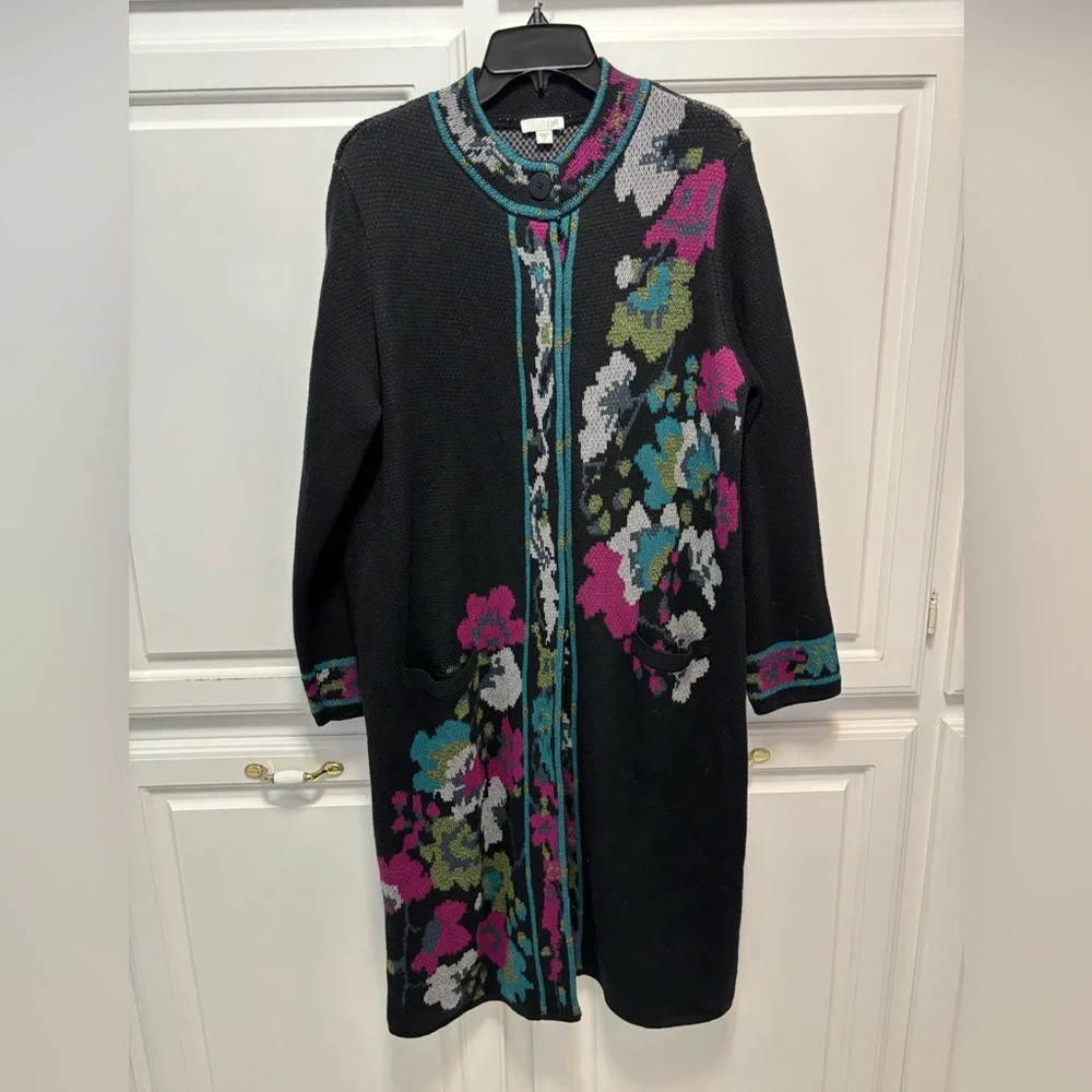 J. Jill Luxurious Black Multi Floral Jacquard Topper Size Medium